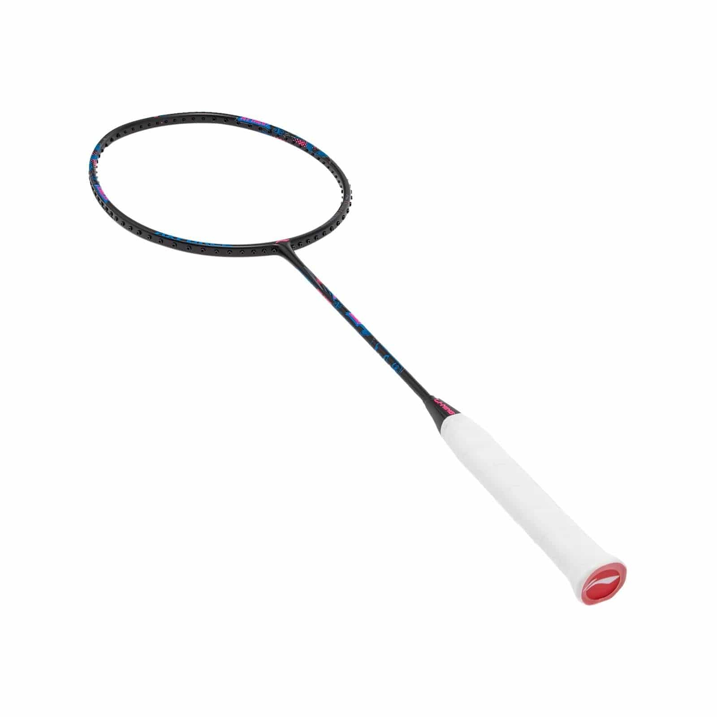 The Li-Ning Axforce Big Bang 6U Badminton Racket in black showcases an Ex-Light frame with a sleek design. It has a white grip tape on the handle and features a distinctive red end cap for added flair. This minimalistic and elegant racket is ideal for enthusiasts who prioritize precision and style in their game.