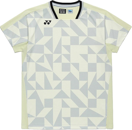 The Yonex 10712YX Crew Neck Men's Badminton T-Shirt in Champagne features a geometric gray and white pattern, black-lined neckline, Yonex chest logo, short sleeves, and quick-drying sportswear fabric.