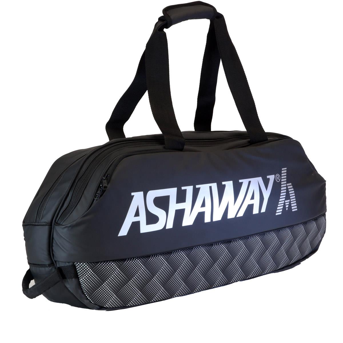 The Ashaway AB42 Duffle Badminton Bag in Black/Silver features sturdy handles, a zippered top, a gray-patterned lower section, and bold white "ASHAWAY" branding—ideal for use as a racket or badminton bag.