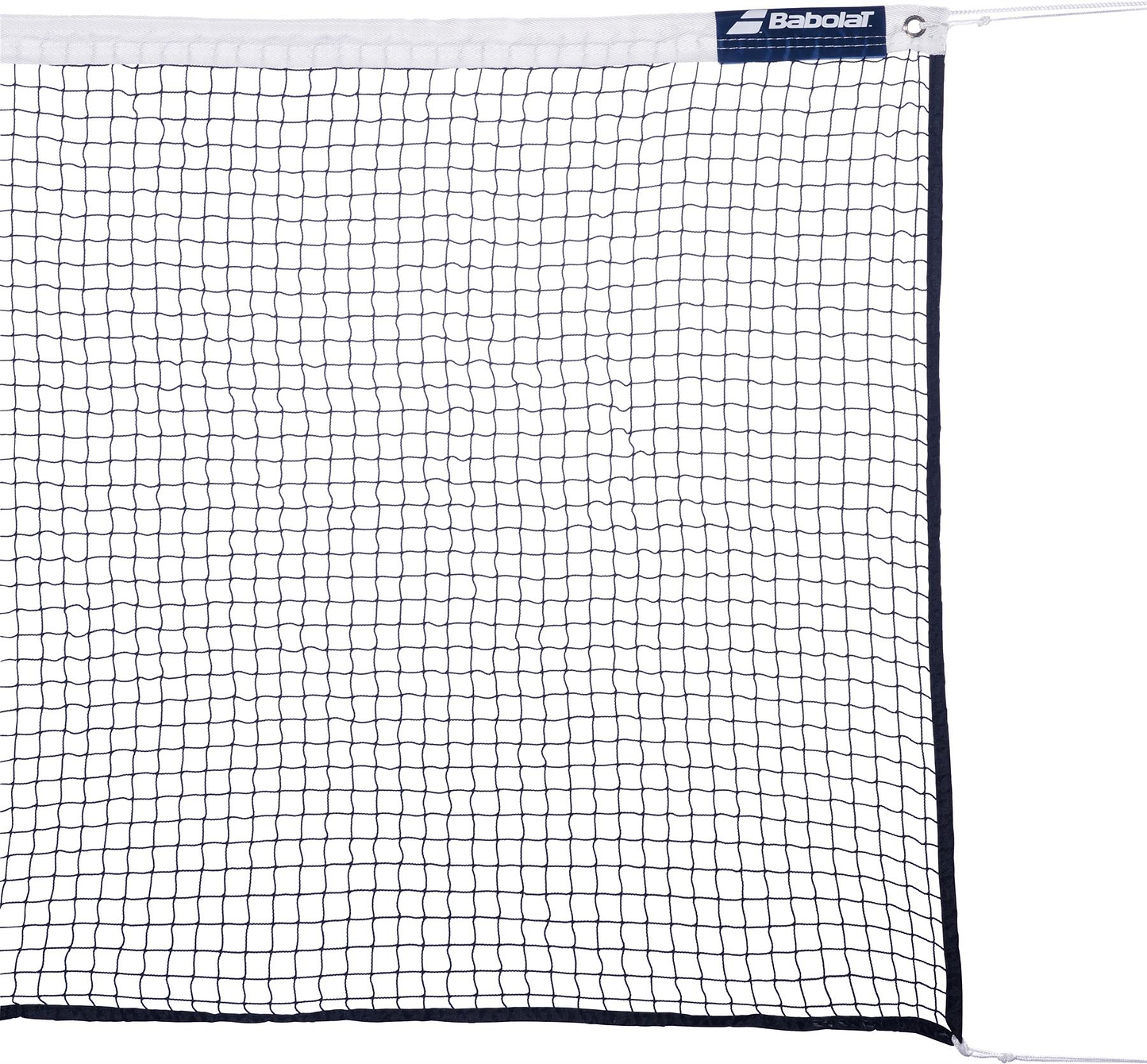 A close-up of the Babolat Badminton Net by Babolat, featuring a standard-length black and white design with the brand logo in the top right corner on a white background.