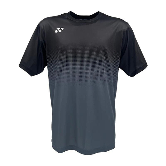 The Yonex YTM5 Men's Badminton T-Shirt in Shadow/Black features a downward gradient pattern. Made from moisture-wicking polyester, this short-sleeve tee sports a subtle white logo on the left shoulder near the collar, ideal for active play.