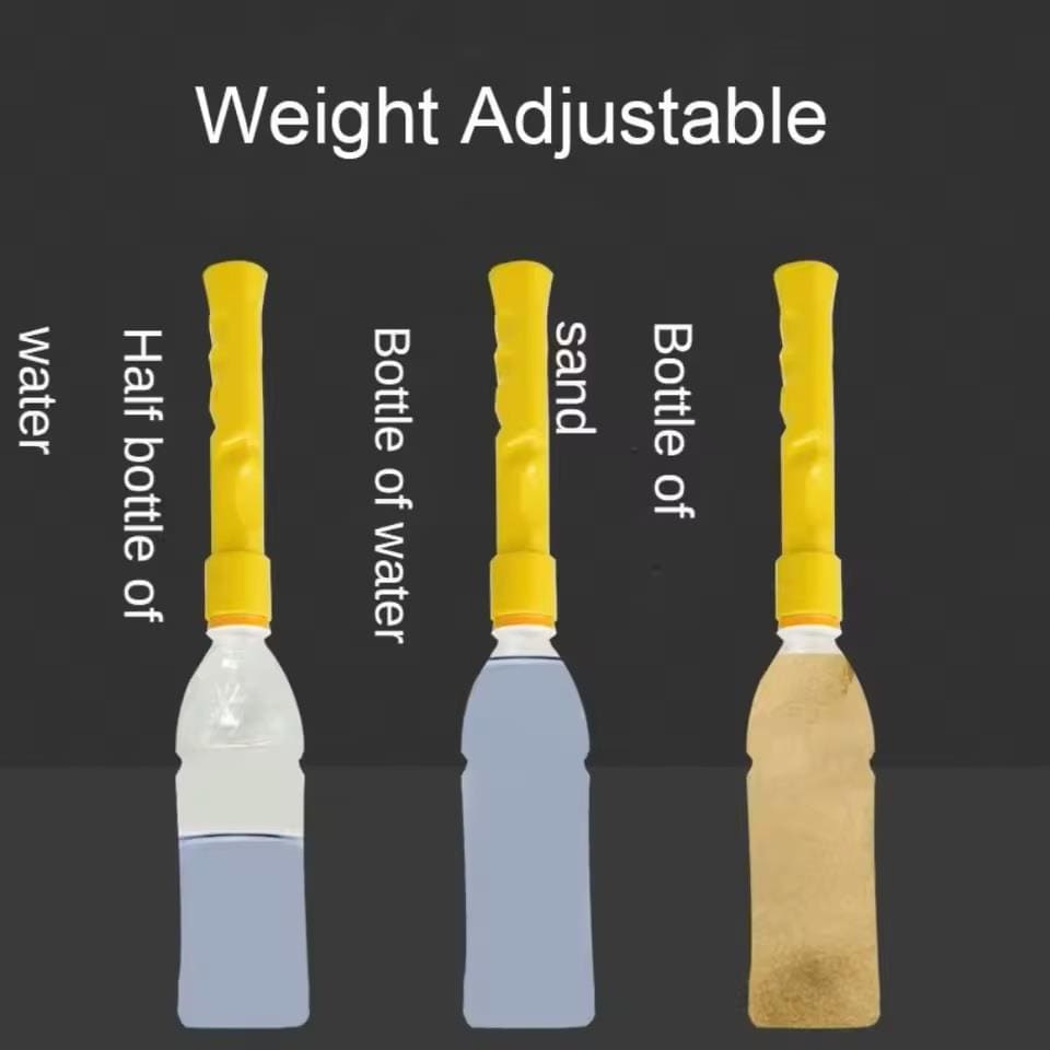 Diagram of three BadmintonHQ Grip Correction Trainers with yellow handles, each weighted like half a water bottle, a full bottle, and one filled with sand. Great for technique practice. Text: "Weight Adjustable.