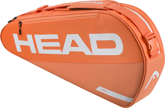The HEAD Tour 3 Racket Badminton Bag S in orange features a white logo, zippered compartment, handle, and shoulder strap—perfect for carrying rackets and gear.