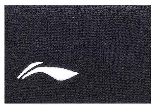 The Li-Ning Corner Logo Wristband in black features a textured fabric with a small, white, stylized leaf or wing logo on the lower left. It provides superior perspiration control ideal for badminton players.