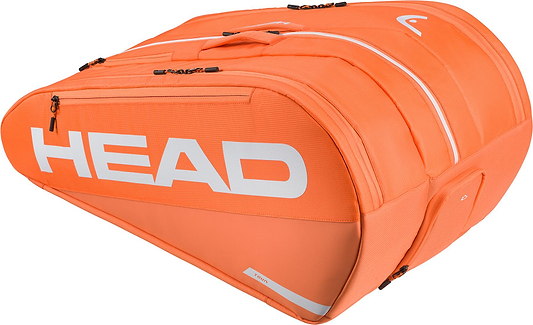 The HEAD Tour 12 Racket Badminton Bag XL in orange features two zippered compartments, a top carrying handle, climate control technology, and a bold white HEAD logo—ideal for carrying multiple rackets and accessories in style.
