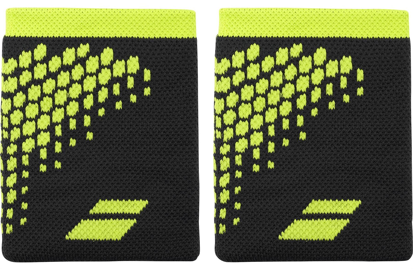 The Babolat Logo Jumbo Wristband - Aero Grey features a bright yellow hexagon diagonal design with a yellow logo, offering sweat absorption to keep you dry and comfortable during any activity.