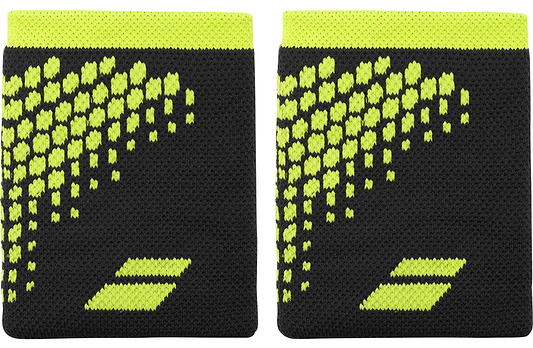 The Babolat Logo Jumbo Wristband - Aero Grey features a bright yellow hexagon diagonal design with a yellow logo, offering sweat absorption to keep you dry and comfortable during any activity.