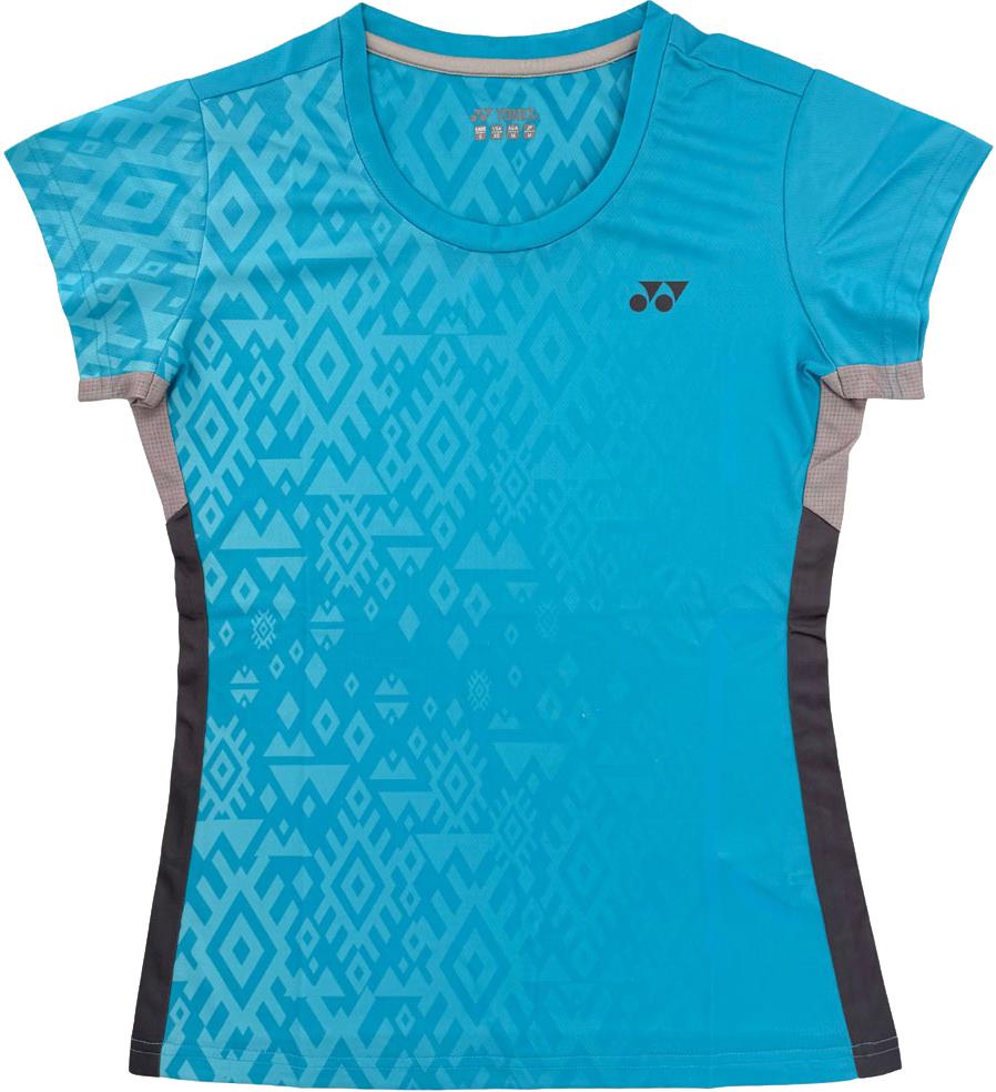 The Yonex YTL11 Womens Badminton T-Shirt - Blue Sea features geometric patterns, black side panels, a small black logo on the chest, and lightweight quick-drying fabric for top badminton performance.