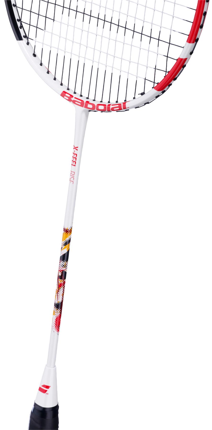 The Babolat X-Feel Rise 2026 3U Badminton Racket in white and red features a patterned shaft, black grip, and tightly woven strings with a red outer frame for impressive power with every shot.