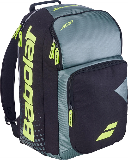 The Babolat Pure Aero 2026 Badminton Backpack in grey and yellow features multiple compartments and a padded top handle—an ideal choice as your go-to badminton backpack or racket bag.