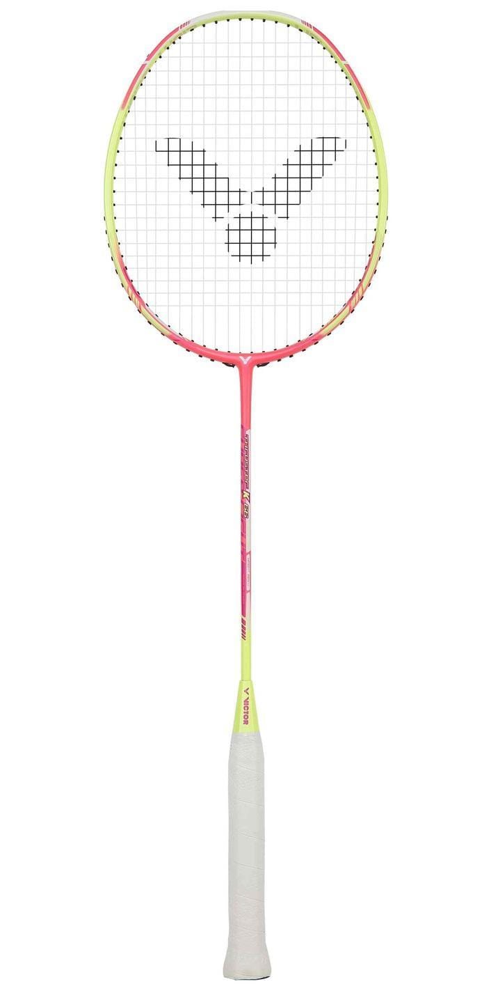 The Victor Thruster K66 Badminton Racket - Deep Pink by Victor is a lightweight racket featuring a vibrant design in shades of pink, yellow, and white. It is tailored for intermediate players, with strings that create a distinct pattern within its circular frame and a handle wrapped in white grip tape for added comfort.