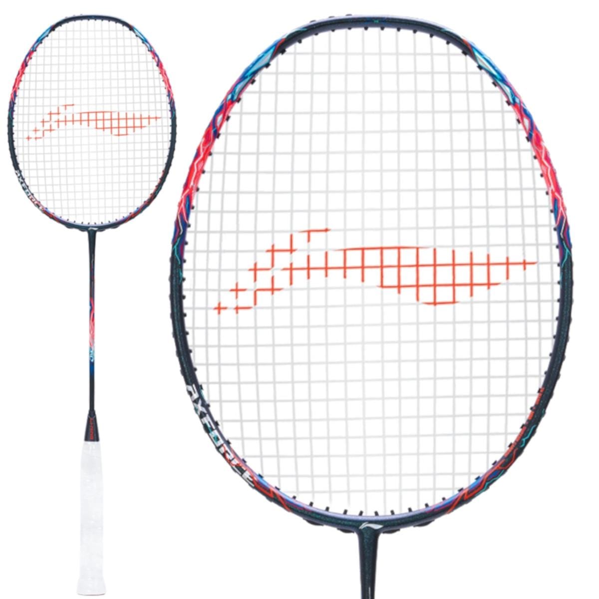 The Li-Ning Axforce 90 Tiger Max 4U Badminton Racket, designed for advanced players, stands out with its elegant black frame and white grip. Its string pattern creates a bold red design, complemented by blue and red accents along the outer edge. The racket is displayed against a pristine white background.