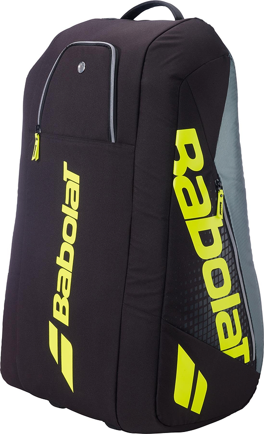 The Babolat RH12 Pure Aero 12 Racket Badminton Bag in grey and yellow is a stylish, spacious bag with zippered compartments and a top handle—perfect for carrying rackets or as an alternative to a tennis backpack.