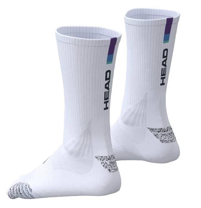 The HEAD Colour Crew Badminton Socks - White / Purple feature zonal cushioning, ribbed texture, grey speckled toes and heels, "HEAD" printed vertically on the sides, and purple with teal stripes at the top.