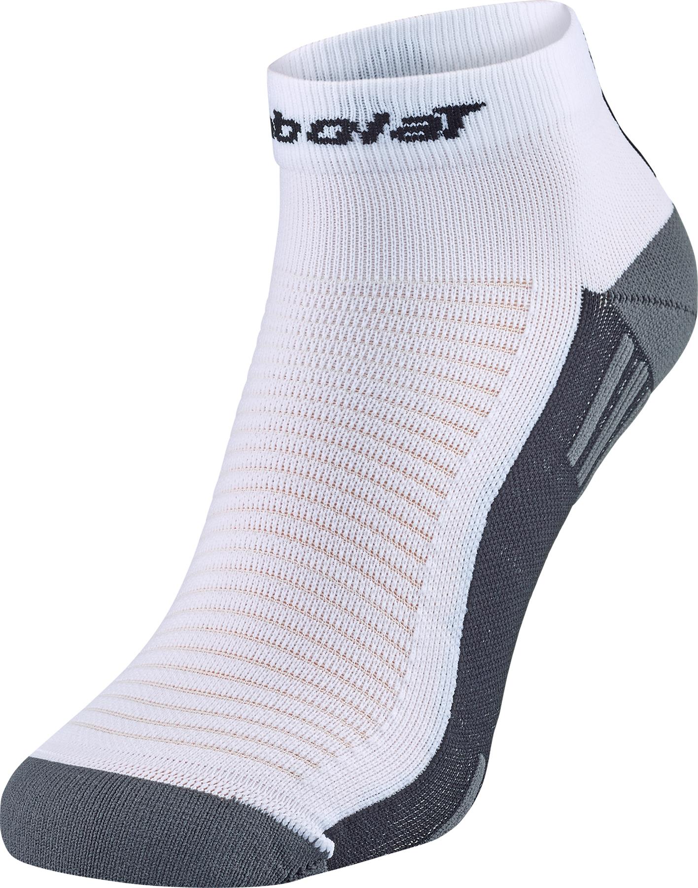 The Babolat Quarter Badminton Socks in white/black feature a ribbed texture, reinforced heel and toe, and black branding near the cuff. These breathable socks offer blister protection and are shown against a plain white background.