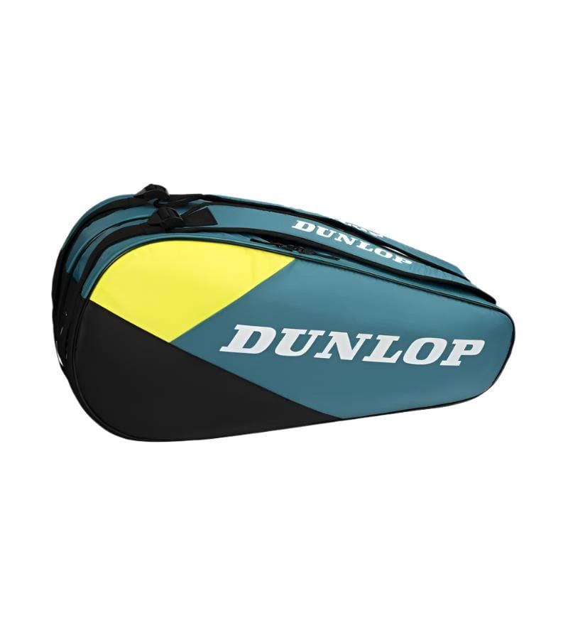 The Dunlop SX Club 6 Racket Badminton Bag in teal, black, and yellow features a prominent white "Dunlop" logo. It offers two large zippered compartments for gear and a top handle for easy carrying.