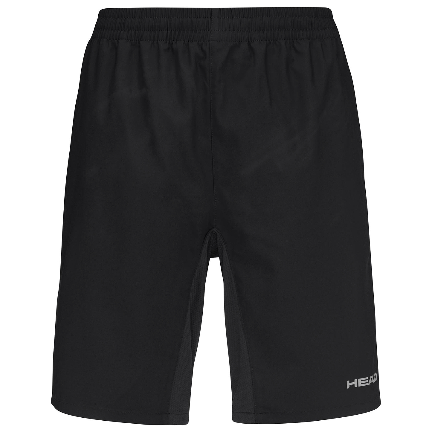 HEAD Club Bermudas Men's Badminton Shorts by HEAD in black, shown from the front, feature an elastic waistband and a simple design with a small white "HEAD" logo on the lower right leg. Made from moisture-wicking microfibre.
