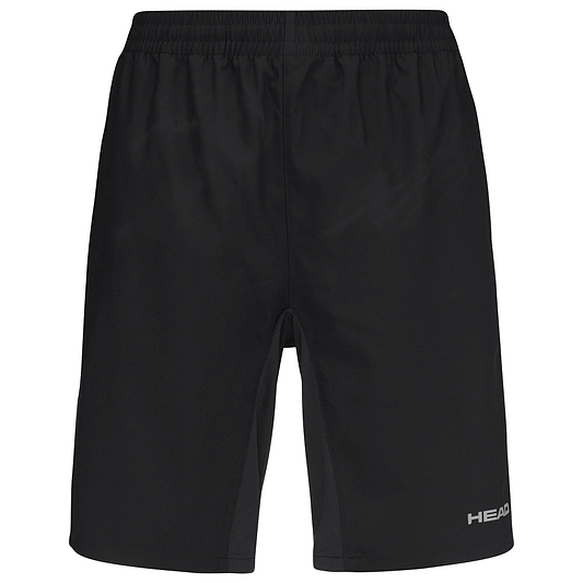 HEAD Club Bermudas Men's Badminton Shorts by HEAD in black, shown from the front, feature an elastic waistband and a simple design with a small white "HEAD" logo on the lower right leg. Made from moisture-wicking microfibre.