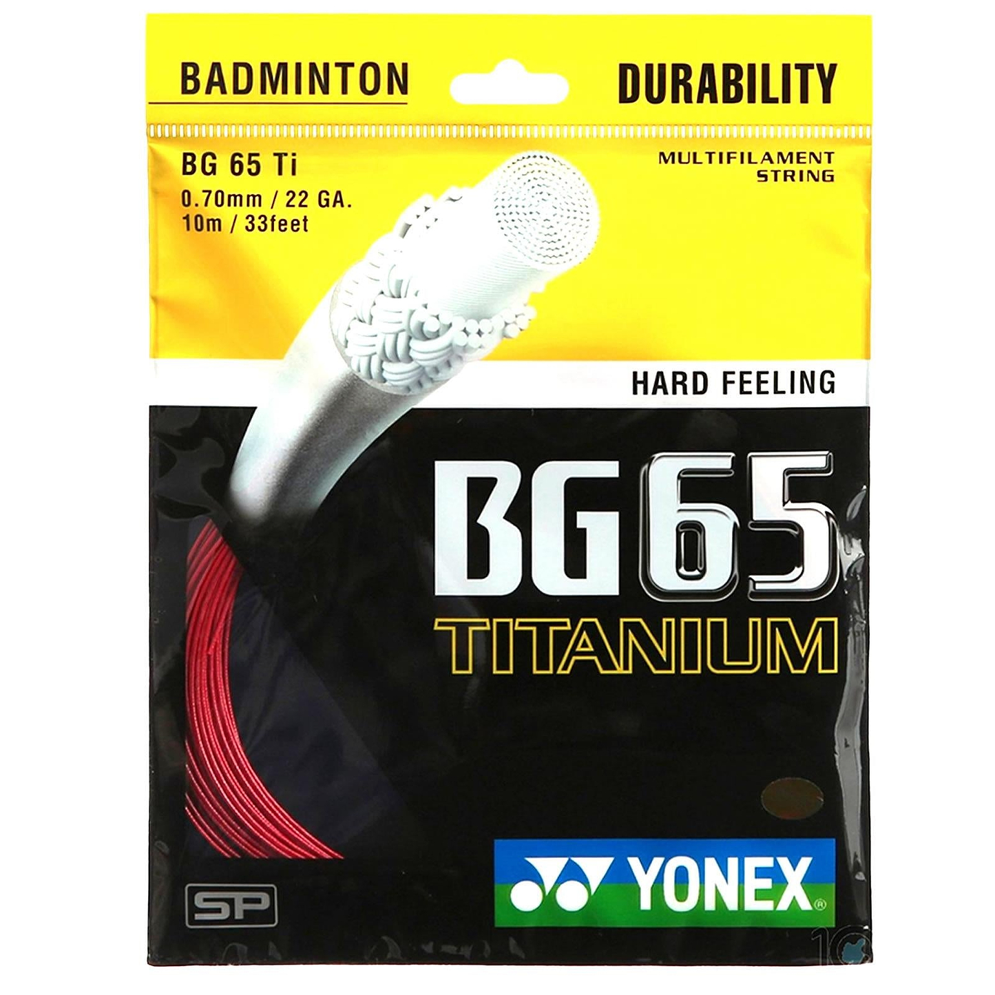 The Yonex BG 65 Ti Badminton String Red - 0.7mm 10m Packet features the Yonex brand name, a racket string image with nylon fibres and multifilament core for all-round play, and details on thickness, length, and durability on a yellow-black background.