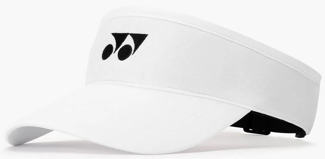 The Yonex 40126EX Badminton Visor in white features a black Yonex logo on the front and an adjustable back strap, shown against a plain white background.