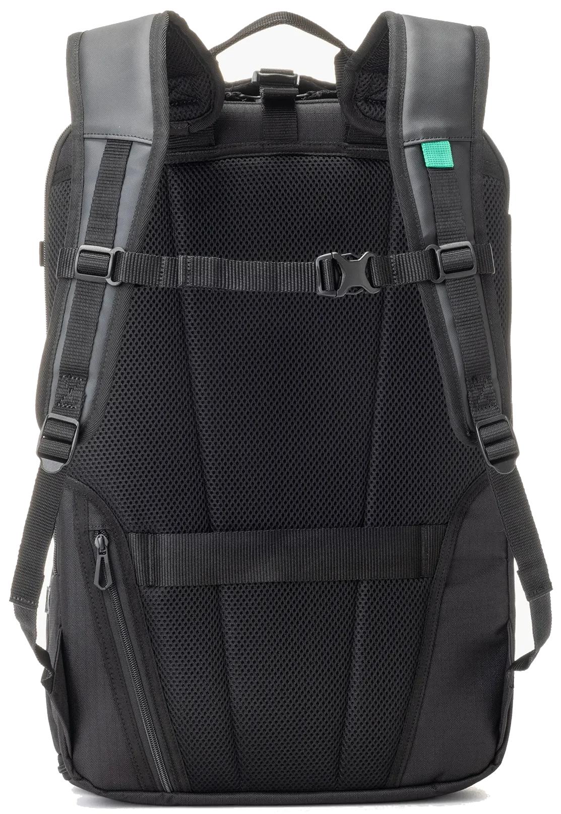 The Yonex BA72612EX Gearlogic Badminton Backpack in black features padded shoulder straps, a chest buckle, mesh back padding, a zippered pocket near the bottom, and a green tag on one strap. Brand: Yonex.