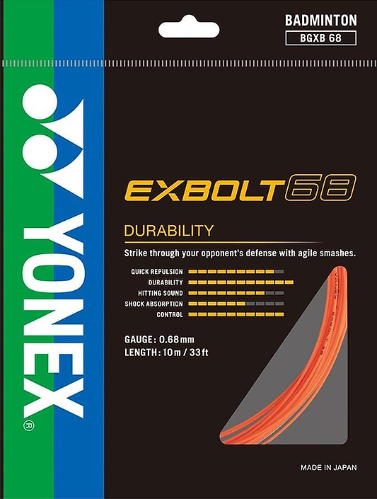Yonex Exbolt 68 Badminton String in Flash Orange, 0.68mm gauge and 10m length. Packaging highlights durability, quick repulsion with FORGED FIBER tech, and shows a close-up of the orange string. Brand: Yonex.