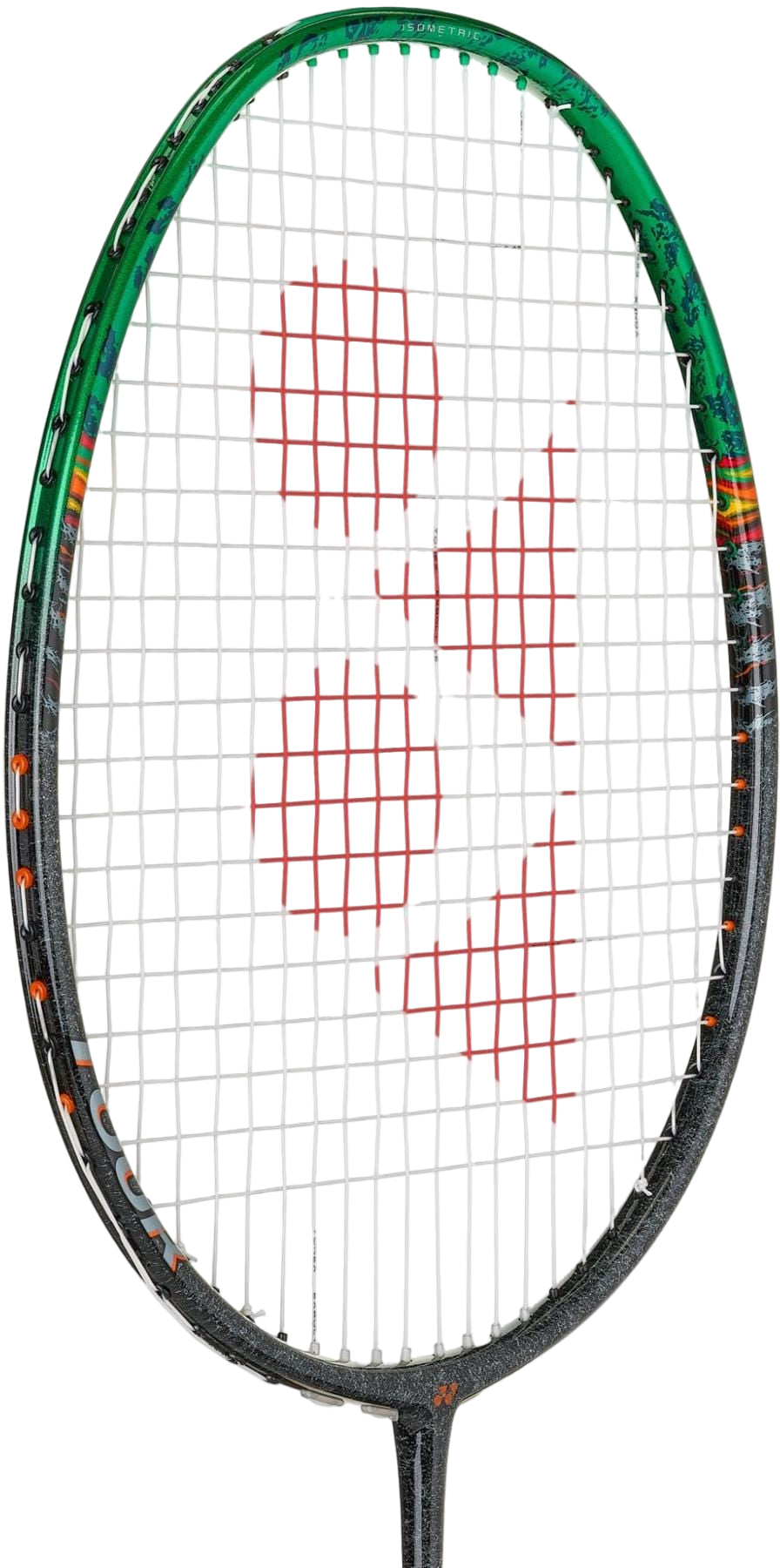A close-up of the Yonex Astrox 99 Tour 4U Badminton Racket by Yonex, featuring a black and green frame with white strings and a red geometric logo at the center, designed for exceptional power.