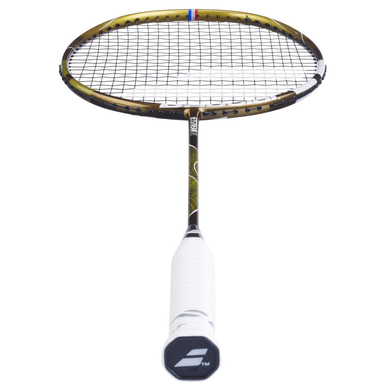 The Babolat Jetstream 78 5U is an ultra-light badminton racket featuring a black and gold frame and a white grip, designed for precision. Vertically positioned, it highlights finely tuned strings with the Babolat logo at the handle's end.