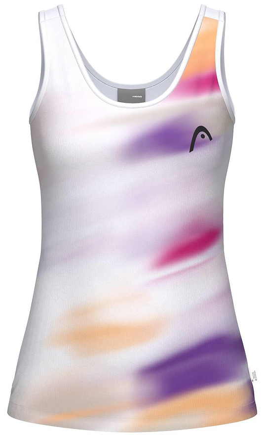 The HEAD Blur Womens Badminton Tank Top - PUXU is a white sleeveless top with a scoop neckline and blurred purple, orange, and pink pattern. Made from moisture-wicking fabric, it features a small black HEAD logo on the left chest.
