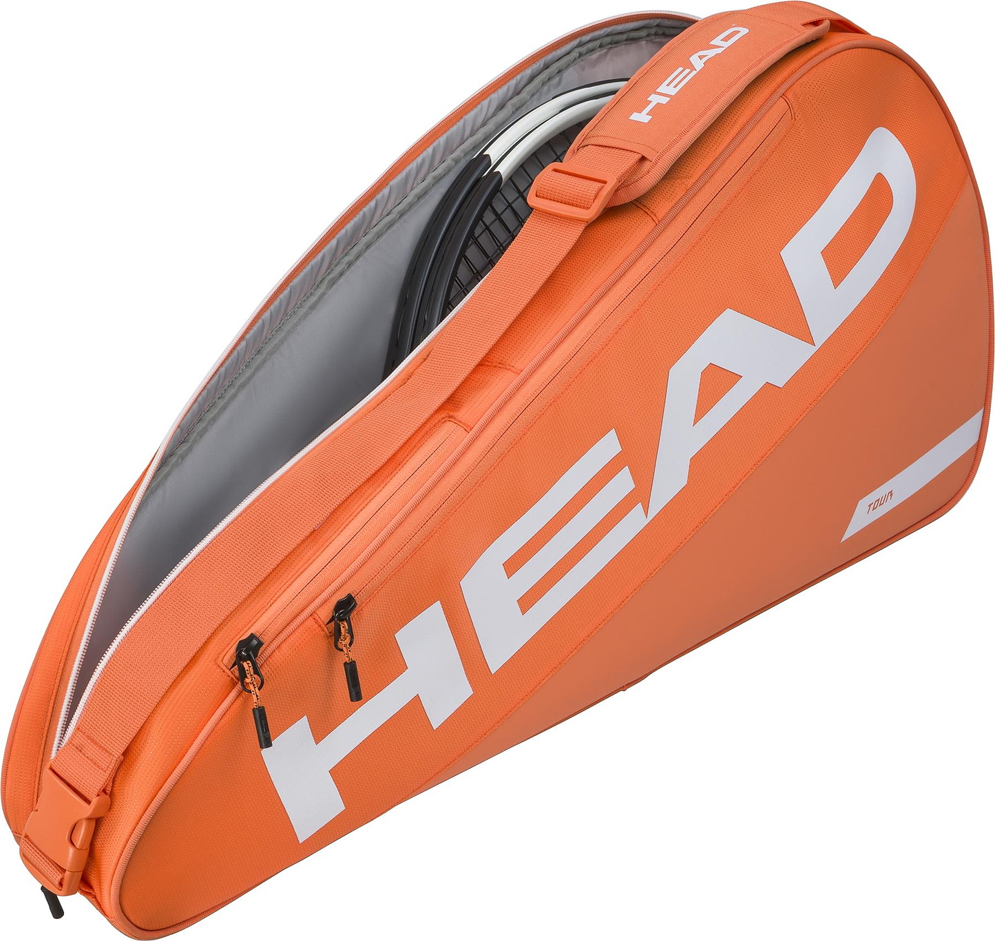 The HEAD Tour 3 Racket Badminton Bag S in orange features a bold white HEAD logo, multiple zippered compartments, and space for racket handles inside.