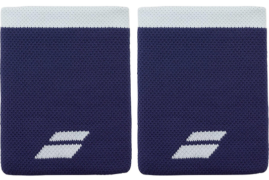 The Babolat Logo Jumbo Wristband in Illusion Blue features a bold white logo, a white top stripe, and sweat-absorbing fabric—ideal for peak performance on the court.
