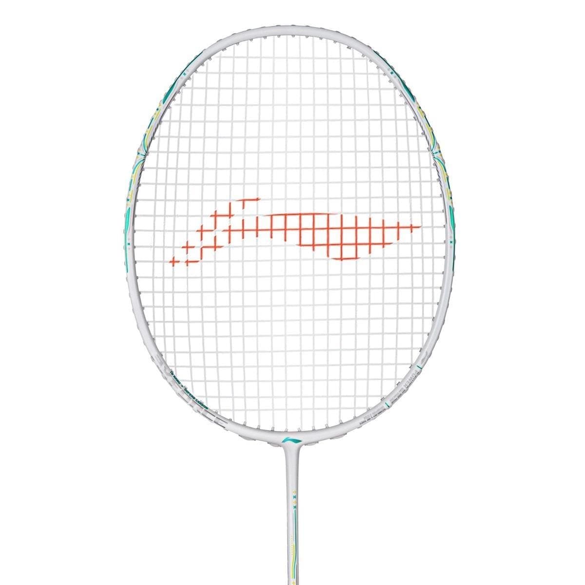 The Li-Ning Axforce 60 5U Badminton Racket in Pearl White features a red, stylized string pattern, displayed against a plain white background.