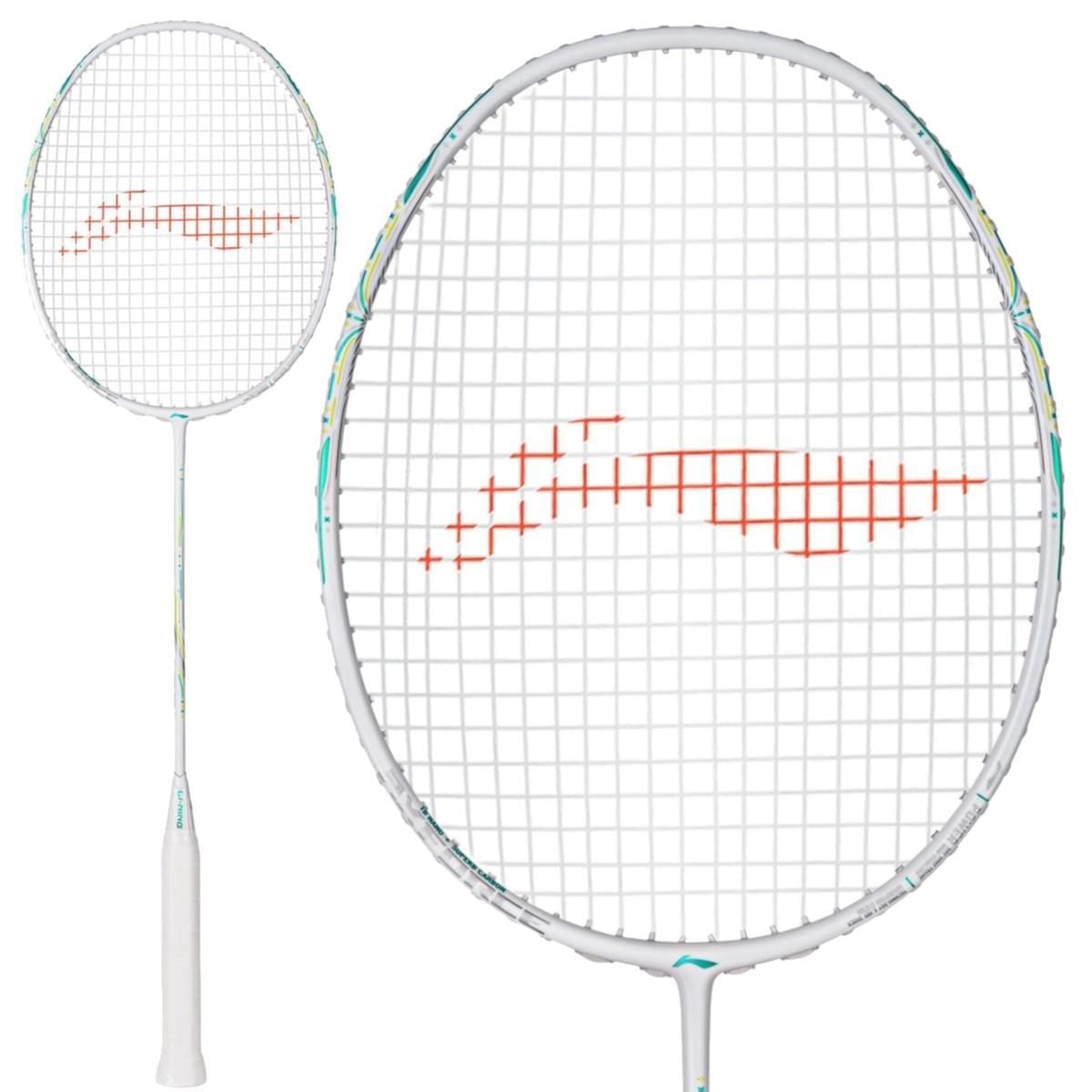 A close-up and full-length view of the Li-Ning Axforce 60 5U Badminton Racket - Pearl White is shown, highlighting its red string pattern and advanced FRTP technology.