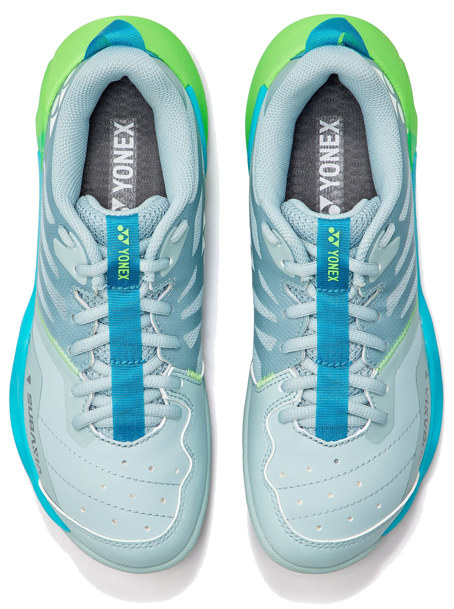 A pair of Yonex Subaxia GT 2026 Women's Badminton Shoes in grayish green, viewed from above. With white laces, perforated toes, Yonex branding, and GRPHT THRTTL tech for advanced badminton performance.