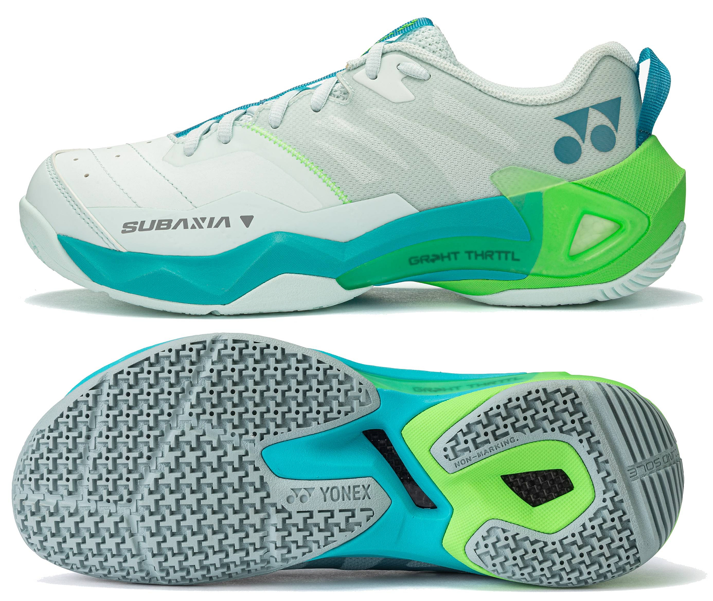 A side and sole view of the Yonex Subaxia GT 2026 Mens Badminton Shoes in pale green, featuring the Yonex logo on the textured sole, with "Subaxia" and "GRPHT THRTTL" printed on the side.