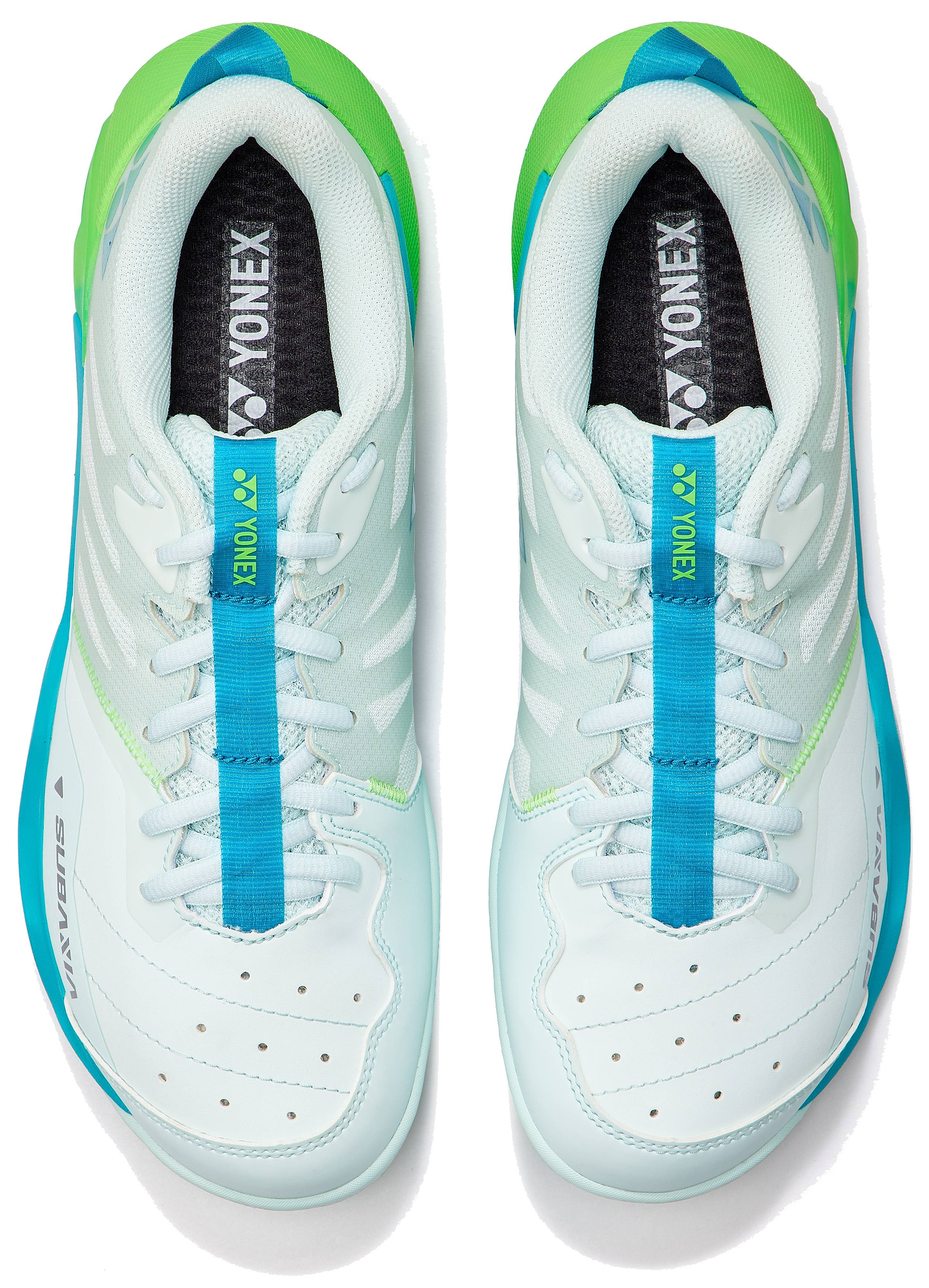 The Yonex Subaxia GT 2026 Mens Badminton Shoes in Pale Green are shown from above, featuring laces, logo on the tongues, perforated toes, and innovative GRPHT THRTTL technology.