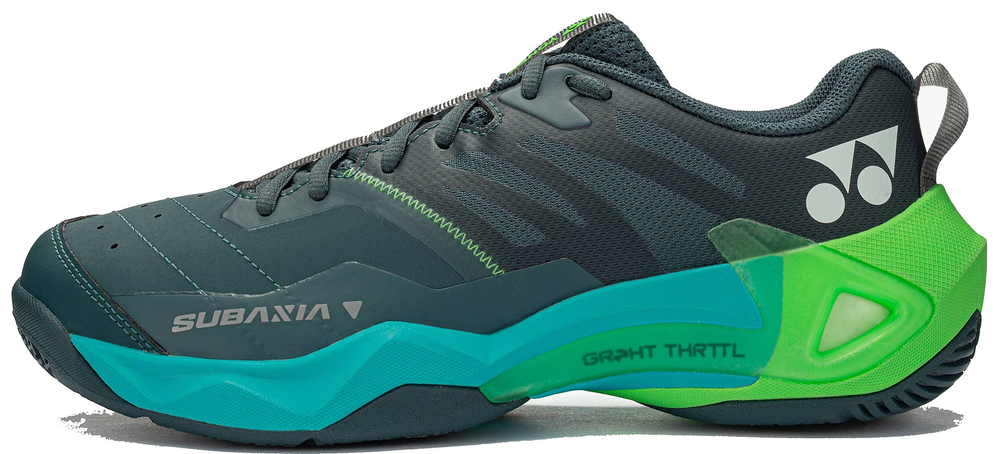 The Yonex Subaxia GT WIDE 2026 Unisex Badminton Shoes in dark green feature teal and bright green accents, a chunky sole, the Yonex logo on the heel, and "SUBAXIA" on the side—ideal for sports or training.