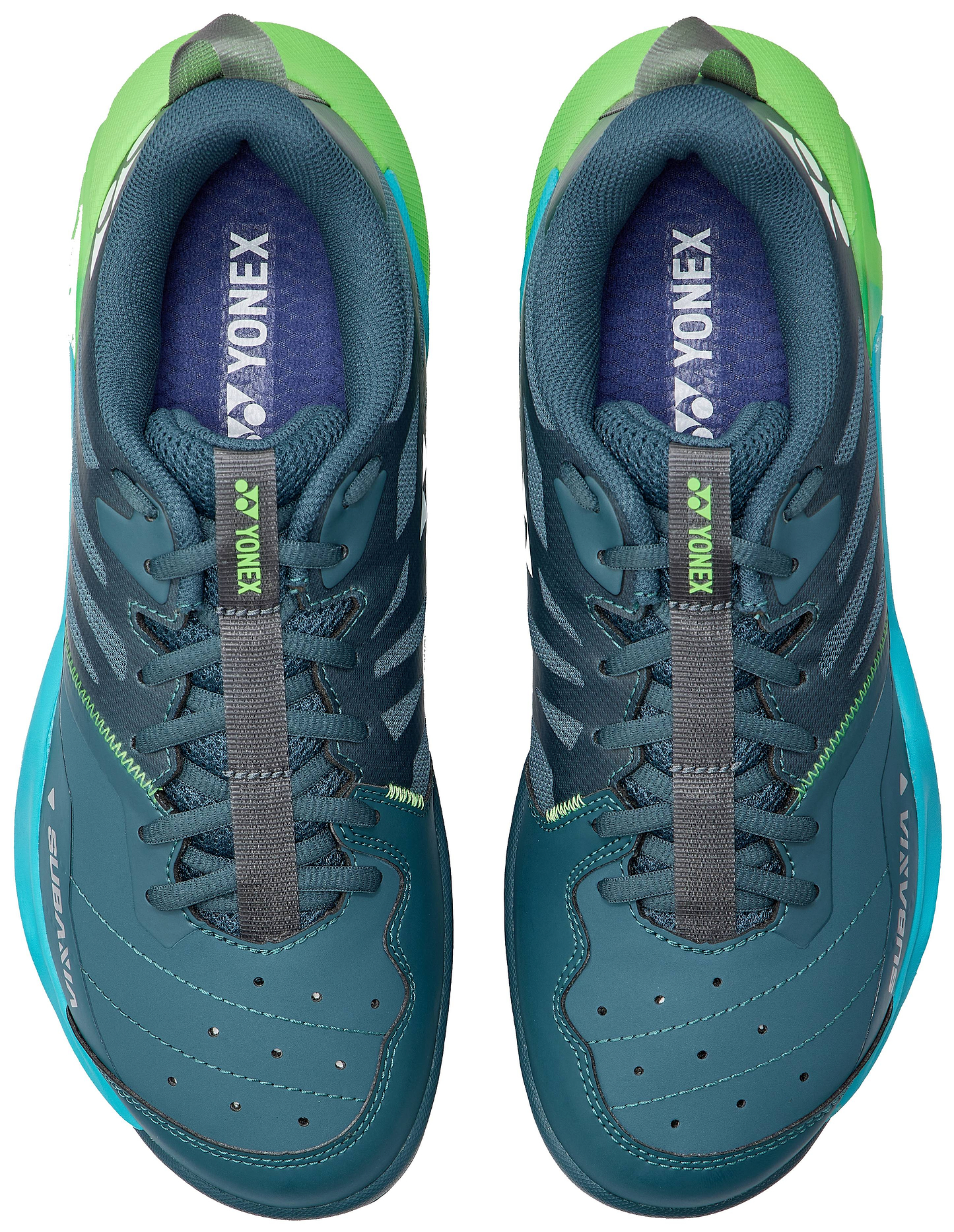 A pair of Yonex Subaxia GT WIDE 2026 Unisex Badminton Shoes in dark green, viewed from above, displays the laces, perforated toe area, and Yonex branding on the tongue and insole.
