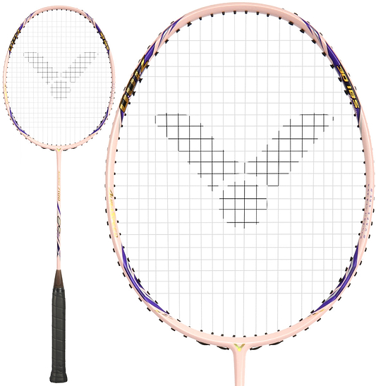 The Victor Auraspeed 7100 4U Badminton Racket - Pink by Victor features a pink and purple frame, black grip, V-shaped string design, and high resilience graphite construction, shown in both full view and close-up of the racket head.