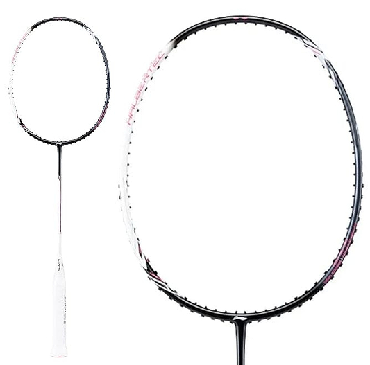 A close-up image highlights the Li-Ning Halbertec 2000 4U Badminton Racket - Cool Ebony, showcasing its black and white frame known for its robust construction. The racket is equipped with a white grip and features subtle pink accents along the frame, while the invisible strings provide an unobstructed view through the center.