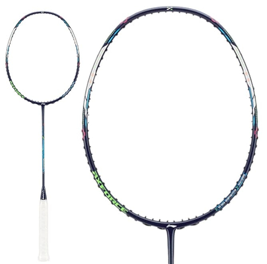 Image of a Li-Ning Axforce Cannon Pro 4U badminton racket with a black frame, white grip, and colorful accents along the sides. The HDF Shock Absorption System enhances the design. The strings are not visible in the zoomed-in section of this blue model by Li-Ning.