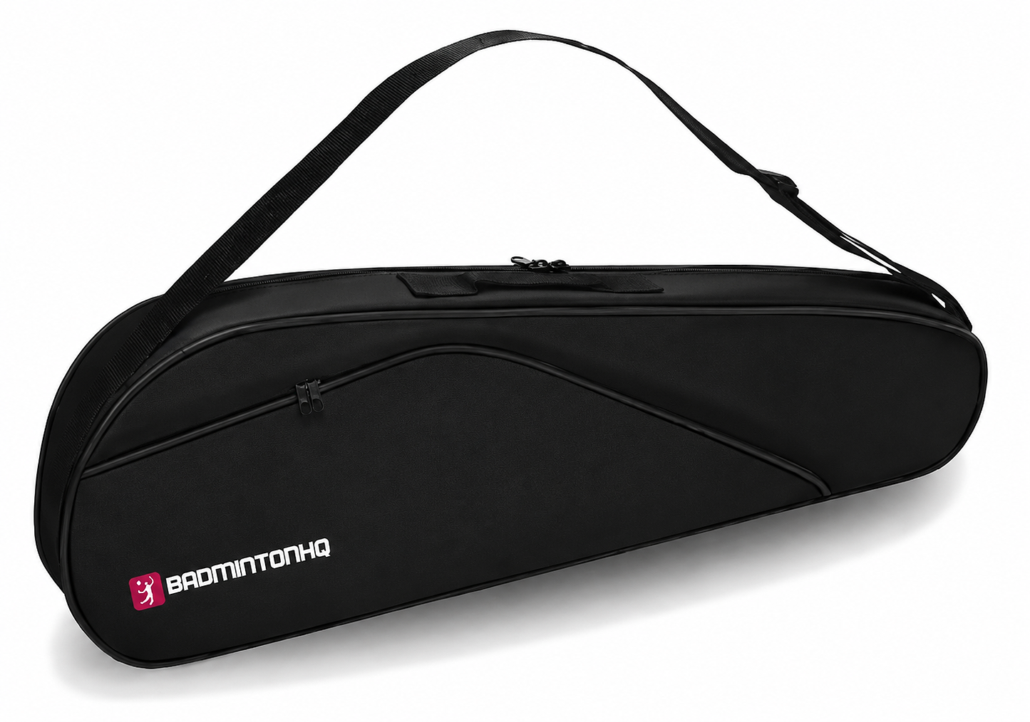 The BadmintonHQ 6 Racket Badminton Bag - Black features a zippered main compartment, angled zipper pocket, single shoulder strap, and the white and pink BadmintonHQ logo—perfect for carrying your badminton gear.