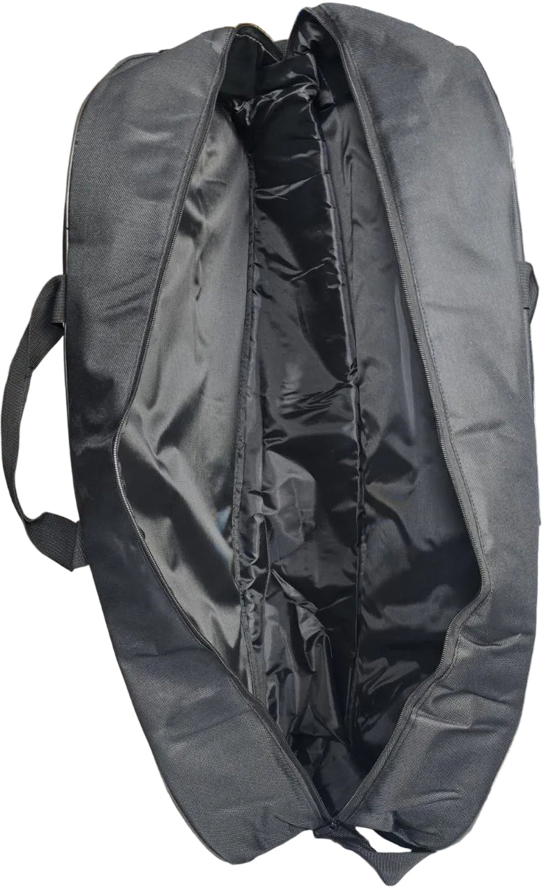The BadmintonHQ 3 Racket Badminton Bag - Black by BadmintonHQ features a spacious, shiny-lined interior, two sturdy side handles, and a zippered opening—perfect for carrying up to three badminton rackets.