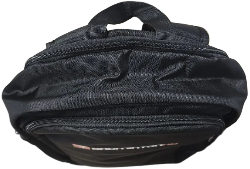 The BadmintonHQ Badminton Backpack - Black features fabric construction, a top handle, and multiple zippered compartments, viewed from above.