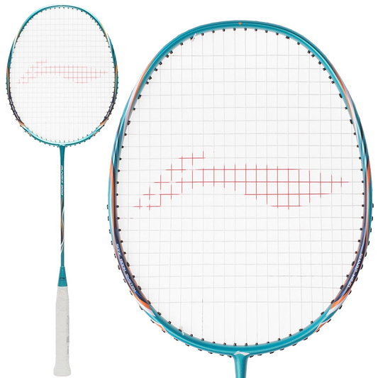 Close-up of the Li-Ning BladeX 200 3U badminton racket in viridian green with white strings and a red logo on high-modulus carbon fibre. Enhanced with Accele Tech, it sports a white grip tape handle, shown from full-length and head-focused angles.
