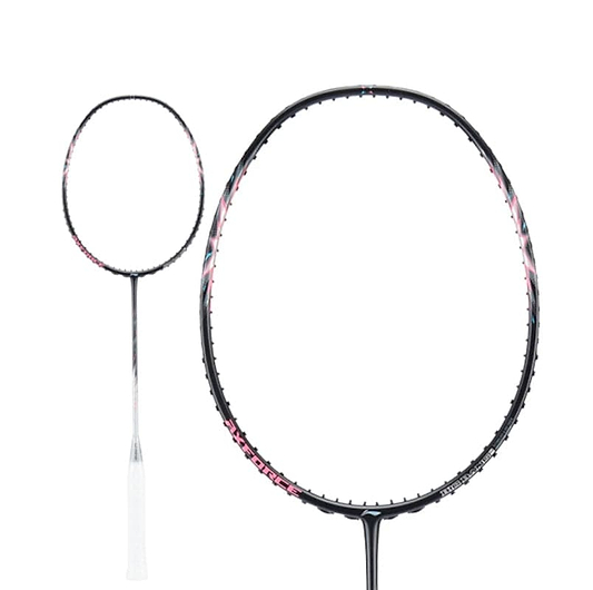 The image features two badminton rackets with black frames. In the foreground is a larger Li-Ning Axforce Big Bang 5U Badminton Racket, highlighted by its pink and black design, perfect for intermediate to advanced players. The smaller racket in the background sports a white handle. Both rackets rest against a plain white backdrop.