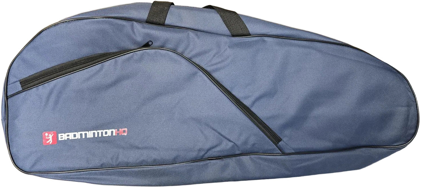 The BadmintonHQ 3 Racket Badminton Bag - Blue features a black zipper and handle, with the white and red "BADMINTON HQ" logo on the side. Carry your gear in style to every match with this branded bag from BadmintonHQ.