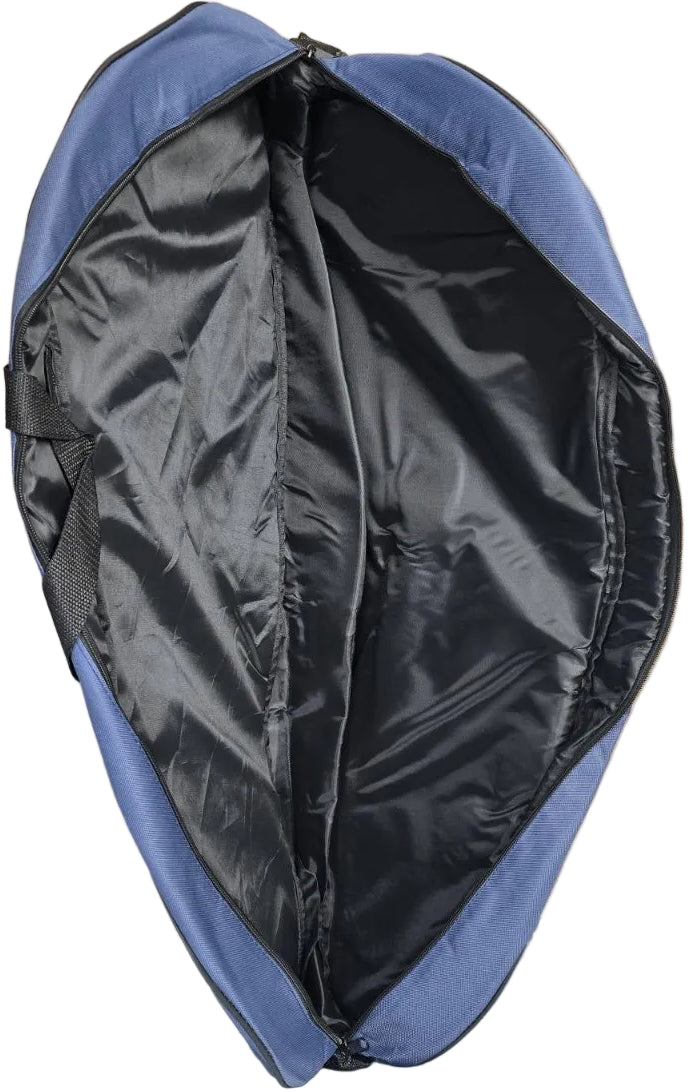 The BadmintonHQ 3 Racket Badminton Bag - Blue is shown open, displaying its smooth black interior lining and a side black carrying strap. This soft-sided, zippered bag is designed by BadmintonHQ for convenient storage and transport.