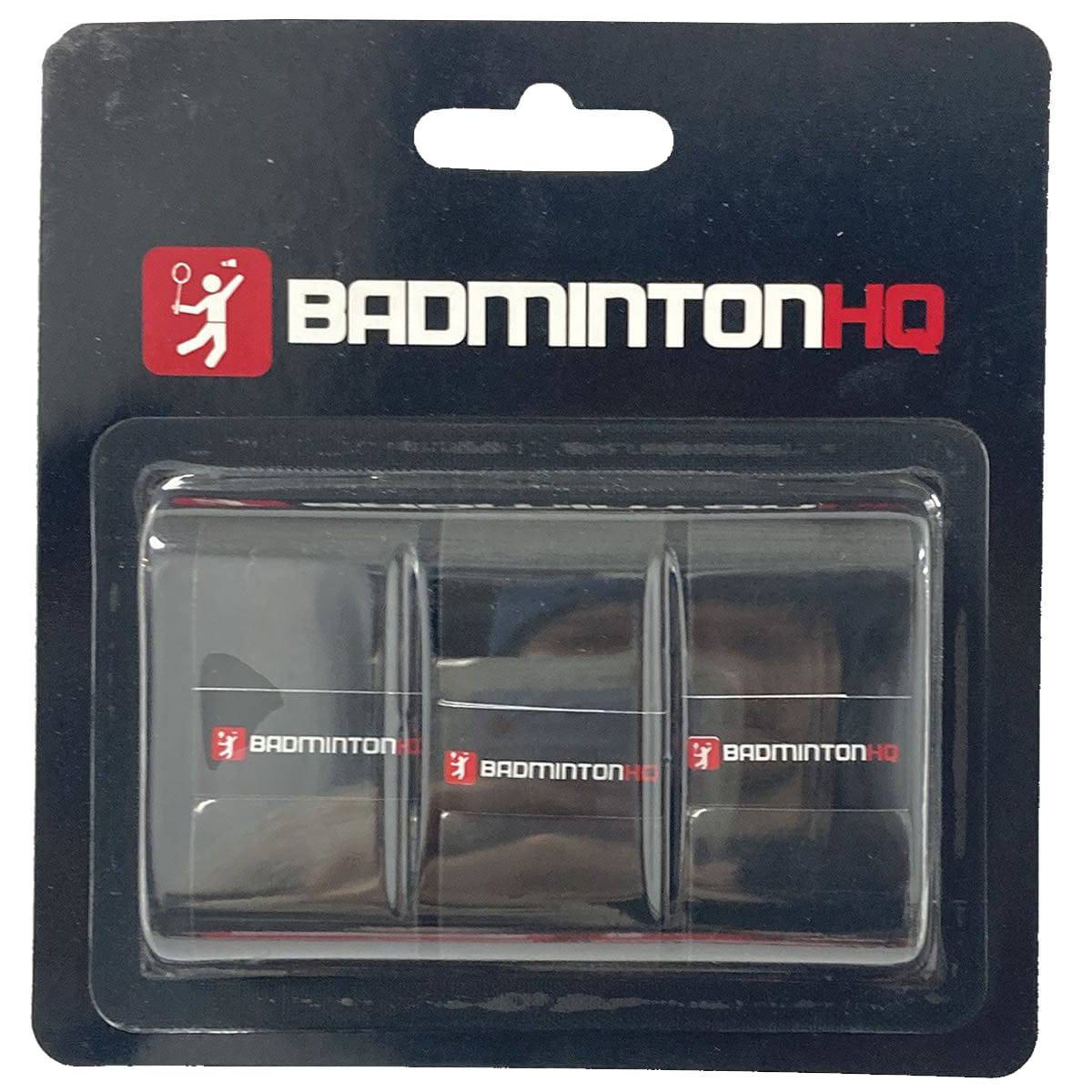 The BadmintonHQ 3 Pack Badminton Overgrips includes three black grips in plastic packaging with a red and white BadmintonHQ logo. Designed for excellent sweat absorption and a tacky grip for badminton players.