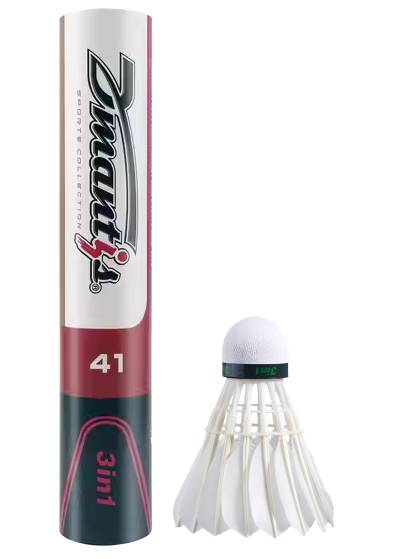 A tube labeled "Zmatis Sports Collection 41" stands upright next to a Dmantis D41 Hybrid Badminton Feather Shuttlecock—Speed 78 by Dmantis, featuring a durable nylon skirt and aerodynamic design, against a plain background.